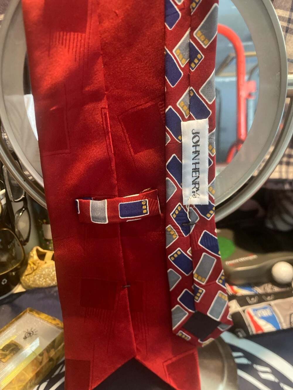 John Henry Red Geometric Abstract Pattern Vintage Silk Tie